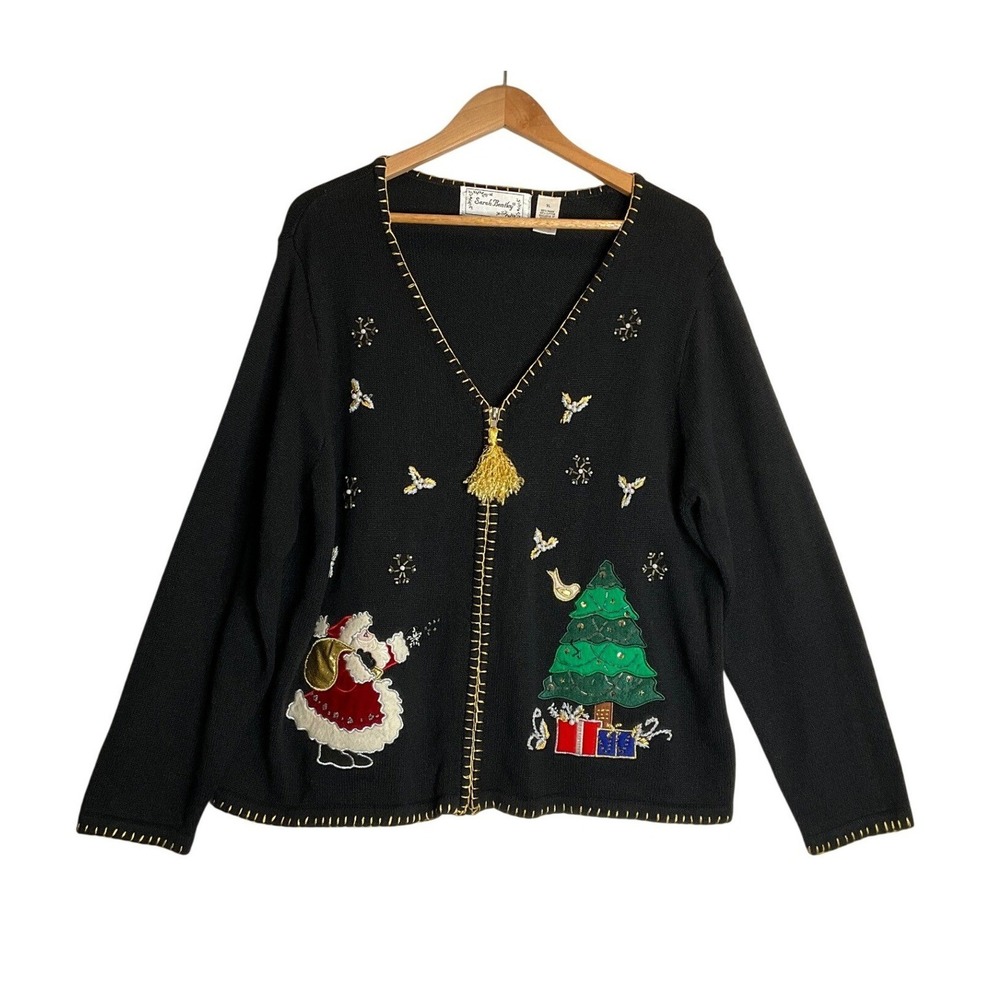 Vintage Sarah Bentley Cardigan Christmas Tree Beaded Santa Teacher Novelty XL
